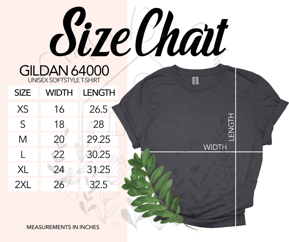 Gildan 64000 Unisex T-Shirt Size Chart for sublimation and bleach listings